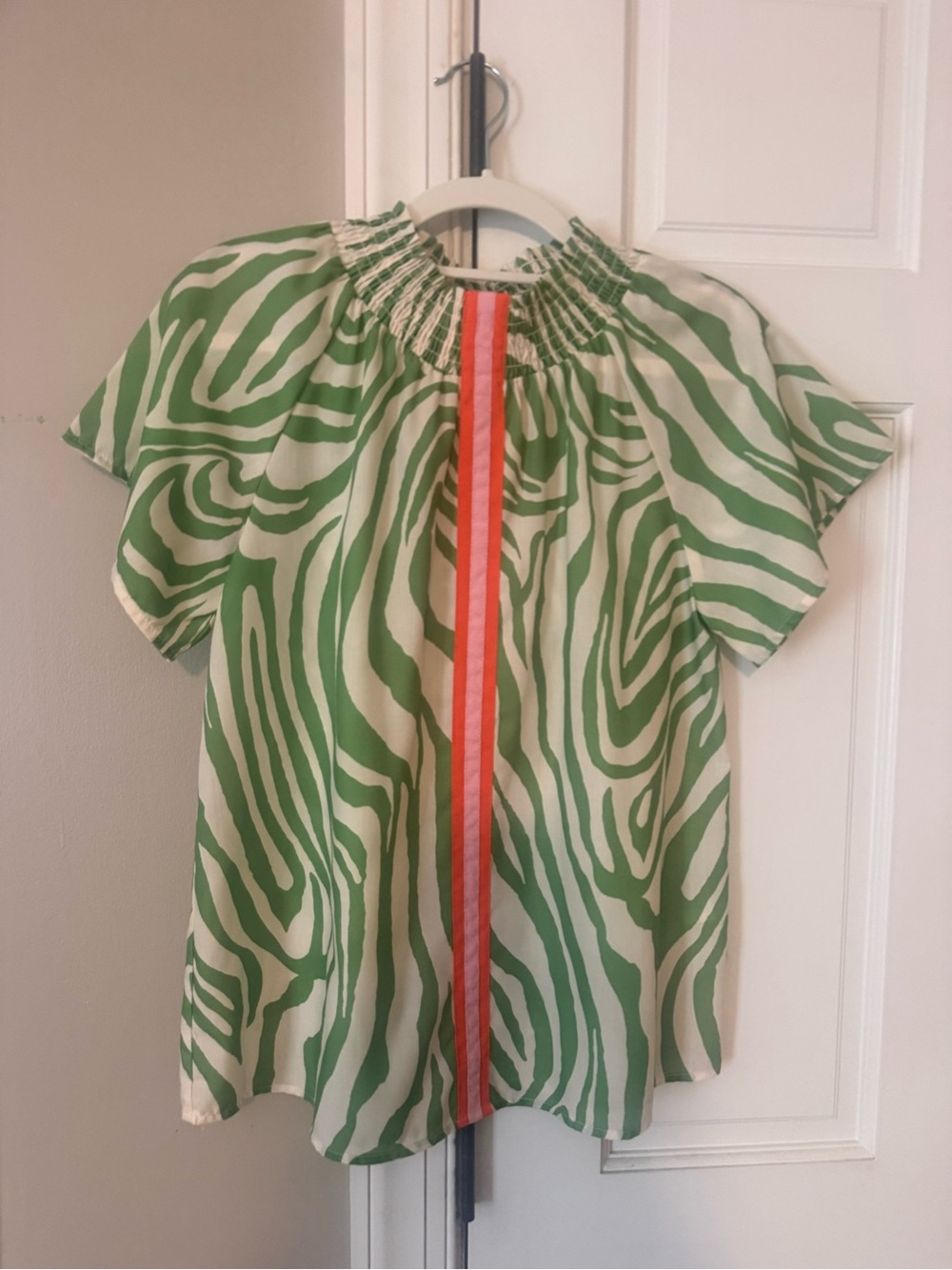 Green Zebra Print Smocked Neck Women's Top